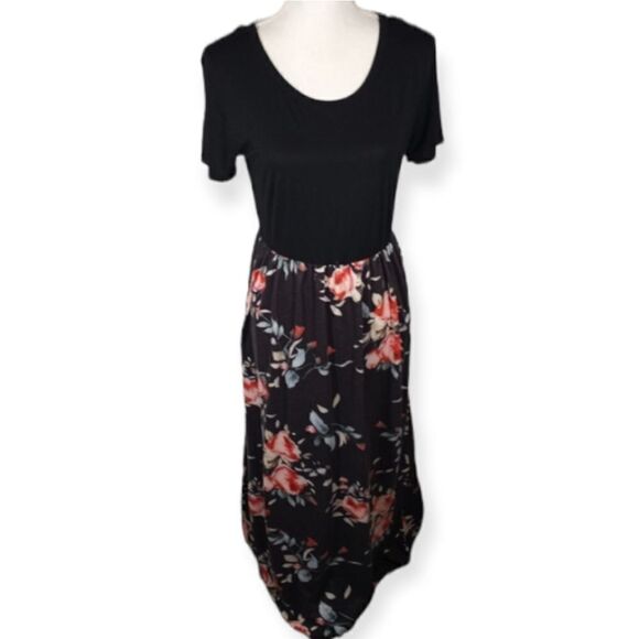 BLACK & PINK FLORAL MAXI DRESS SZ.L GUC - Picture 1 of 9